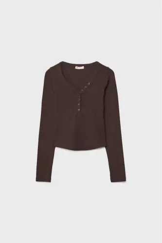 Düğmeli t-shirt-Kahverengi - 5