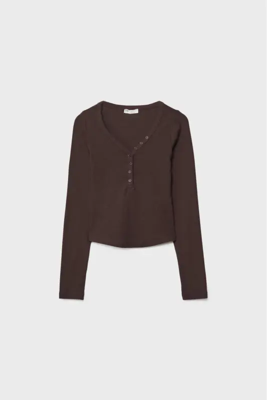 Düğmeli t-shirt-Kahverengi - 5