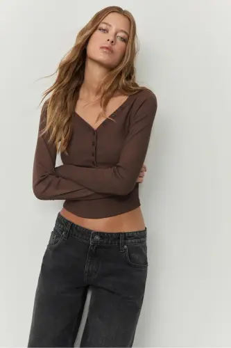 Düğmeli t-shirt-Kahverengi - 3