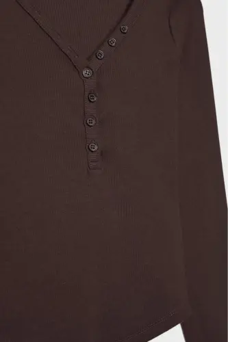 Düğmeli t-shirt-Kahverengi - 7