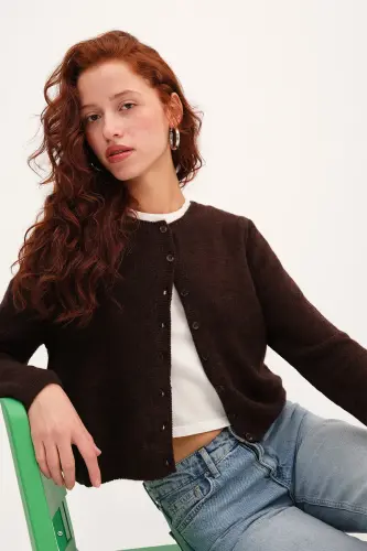 Düğmeli Triko Hırka H3364-A10-Acı Kahve 