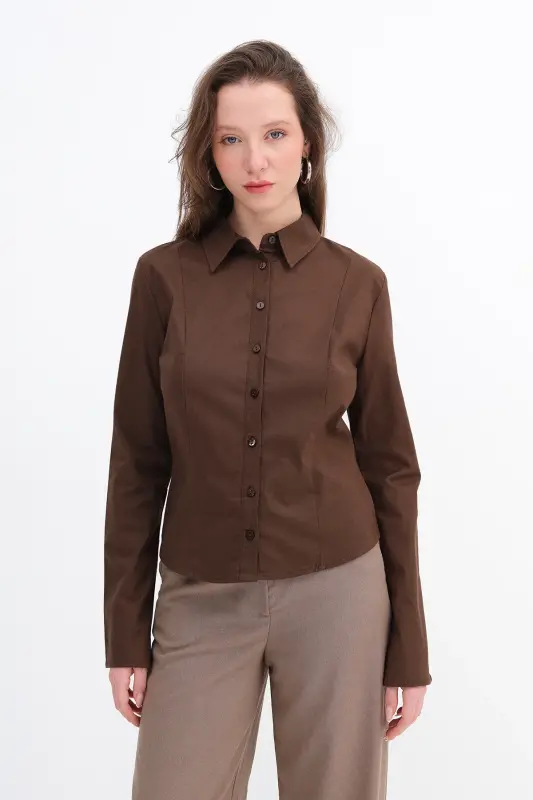 Düğmeli Uzun Kollu Gömlek G16809-Y9-Acı Kahve - 5