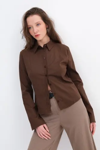 Düğmeli Uzun Kollu Gömlek G16809-Y9-Acı Kahve 