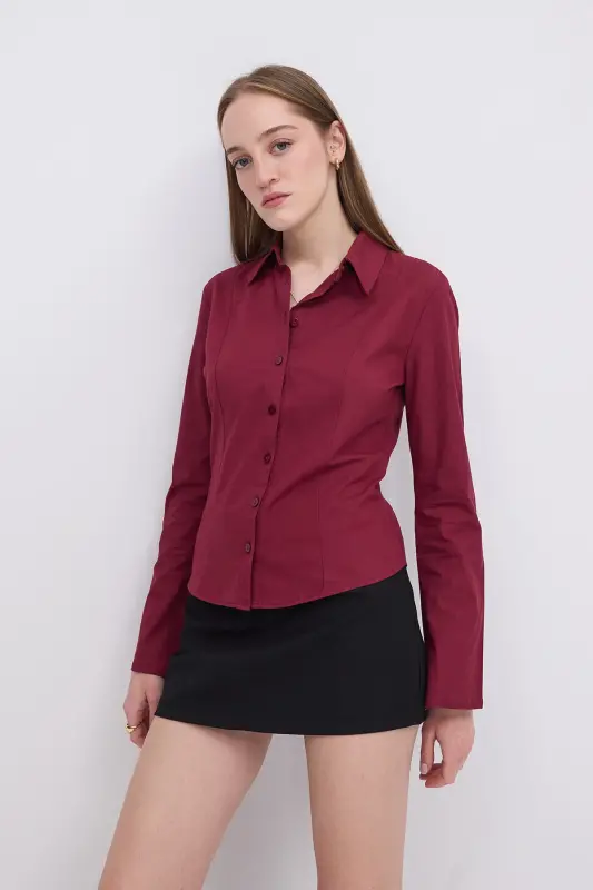 Düğmeli Uzun Kollu Gömlek G16809-Y9-Bordo - 7