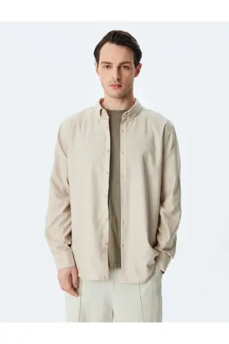 Düğmeli Yaka Uzun Kollu Pamuk Karışımlı Klasik Slim Fit Gömlek - 3