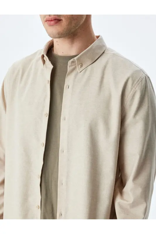 Düğmeli Yaka Uzun Kollu Pamuk Karışımlı Klasik Slim Fit Gömlek - 5