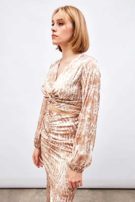 Düğüm Detaylı Desenli Bluz - Kahve-KAHVE - 2