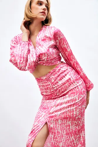 Düğüm Detaylı Desenli Bluz - Pembe-PEMBE - 5