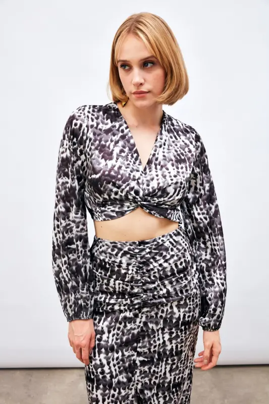 Düğüm Detaylı Desenli Bluz - Siyah-SİYAH - 1