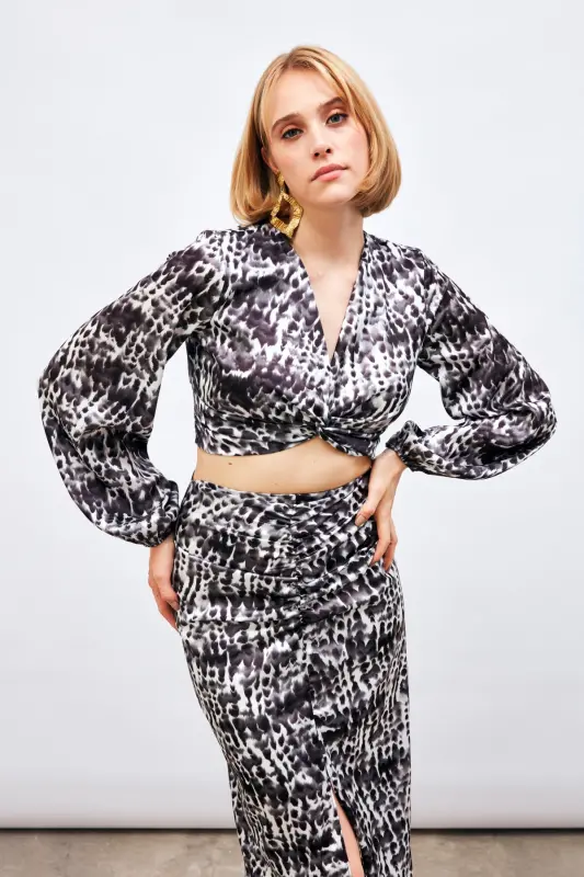 Düğüm Detaylı Desenli Bluz - Siyah-SİYAH - 3