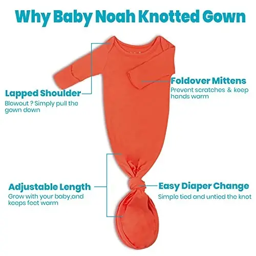 Knotted Gown Baby Newborn Hospital Outfit, Modal Infant Sleeper Gowns with Mittens, Bow and Hat Set, Nightgowns 0-3 Months - 5
