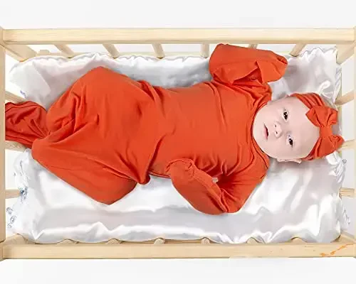 Knotted Gown Baby Newborn Hospital Outfit, Modal Infant Sleeper Gowns with Mittens, Bow and Hat Set, Nightgowns 0-3 Months - Modazone (1)