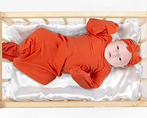 Knotted Gown Baby Newborn Hospital Outfit, Modal Infant Sleeper Gowns with Mittens, Bow and Hat Set, Nightgowns 0-3 Months - 2