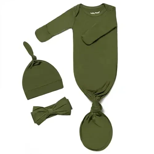 Knotted Gown Baby Newborn Hospital Outfit, Modal Infant Sleeper Gowns with Mittens, Bow and Hat Set, Nightgowns 0-3 Months 