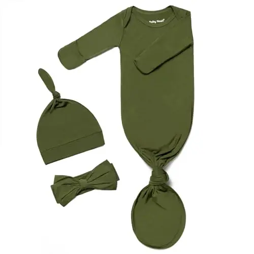 Knotted Gown Baby Newborn Hospital Outfit, Modal Infant Sleeper Gowns with Mittens, Bow and Hat Set, Nightgowns 0-3 Months - 1