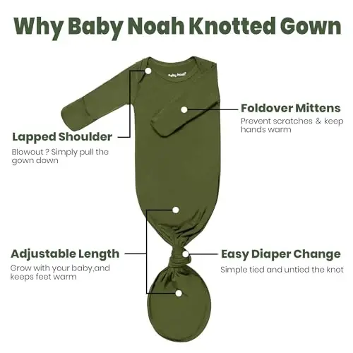 Knotted Gown Baby Newborn Hospital Outfit, Modal Infant Sleeper Gowns with Mittens, Bow and Hat Set, Nightgowns 0-3 Months - 6