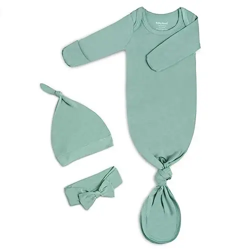 Knotted Gown Baby Newborn Hospital Outfit, Modal Infant Sleeper Gowns with Mittens, Bow and Hat Set, Nightgowns 0-3 Months 