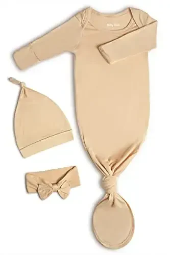 Knotted Gown Baby Newborn Hospital Outfit, Modal Infant Sleeper Gowns with Mittens, Bow and Hat Set, Nightgowns 0-3 Months - MODAZONE