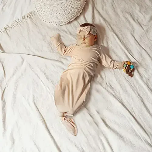 Knotted Gown Baby Newborn Hospital Outfit, Modal Infant Sleeper Gowns with Mittens, Bow and Hat Set, Nightgowns 0-3 Months - 3