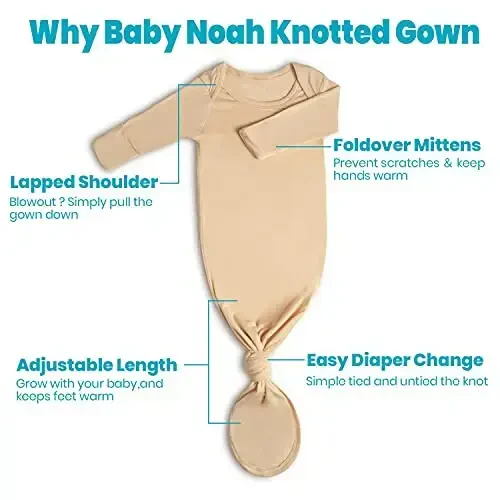 Knotted Gown Baby Newborn Hospital Outfit, Modal Infant Sleeper Gowns with Mittens, Bow and Hat Set, Nightgowns 0-3 Months - 6