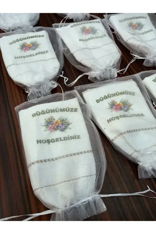 Düğün Havlusu , Tül Keseli Dügün Havlusu Araba Havlusu Konvoy Havlusu 12li Paket Çiçekli-mavi3 - 2