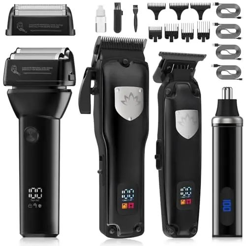 Dumite 4 in 1 Hair Clippers for Men, Professional T-Blade Trimmer, Electric Foil Shaver, Nose Hair Trimmer, Cordless, LCD Display, Grooming Kit(Black) - DUMITE