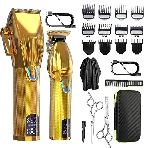 Dumite Cordless Hair Clippers for Men,Professional Hair Clippers Trimmer Kit,Barber Fading Clipper and Zero Gap T-Blade Trimmer Set with LED Display for Mens Gifts(Gold) - DUMITE