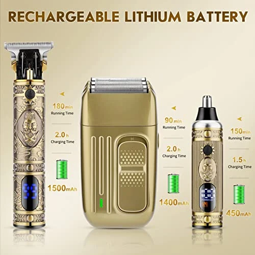 Dumite Hair Clippers for Men,Professional Cordless Barber Trimmer Set,Nose and Ear Hair Trimmer with Razor Replacement Head,USB Rechargeable Hair Cutting Grooming Kit-LED Display (Gold-1) - 5