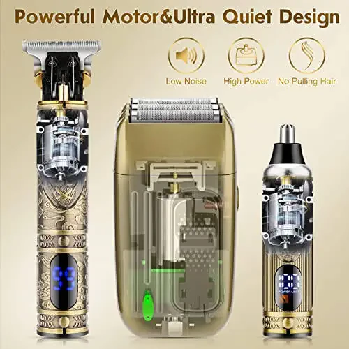 Dumite Hair Clippers for Men,Professional Cordless Barber Trimmer Set,Nose and Ear Hair Trimmer with Razor Replacement Head,USB Rechargeable Hair Cutting Grooming Kit-LED Display (Gold-1) - 6