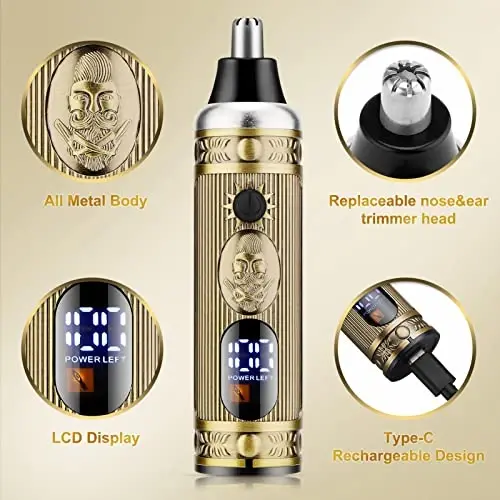 Dumite Hair Clippers for Men,Professional Cordless Barber Trimmer Set,Nose and Ear Hair Trimmer with Razor Replacement Head,USB Rechargeable Hair Cutting Grooming Kit-LED Display (Gold-1) - 3
