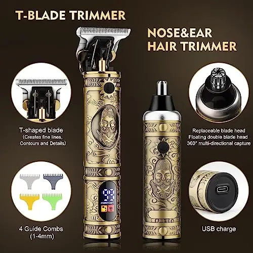 Dumite Professional Hair Clippers for Men,Hair Clippers+T-Blade Trimmer+Electric Shaver+Nose Hair Trimmer Set,4 in 1 Cordless Barber Hair Cutting Kit LCD Display Gifts (Gold) - 4