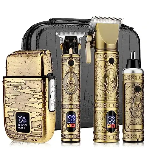 Dumite Professional Hair Clippers for Men,Hair Clippers+T-Blade Trimmer+Electric Shaver+Nose Hair Trimmer Set,4 in 1 Cordless Barber Hair Cutting Kit LCD Display Gifts (Gold) - DUMITE