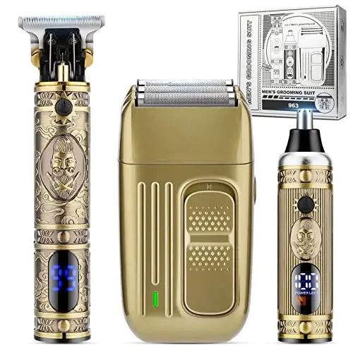 Dumite Hair Clippers for Men,Professional Cordless Barber Trimmer Set,Nose and Ear Hair Trimmer with Razor Replacement Head,USB Rechargeable Hair Cutting Grooming Kit-LED Display (Gold-1) - DUMITE