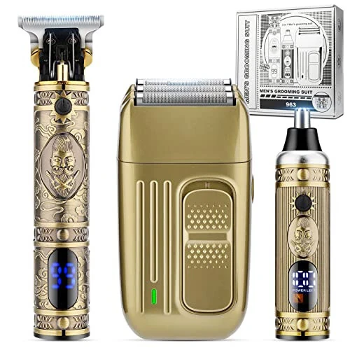 Dumite Hair Clippers for Men,Professional Cordless Barber Trimmer Set,Nose and Ear Hair Trimmer with Razor Replacement Head,USB Rechargeable Hair Cutting Grooming Kit-LED Display (Gold-1) - Dumite