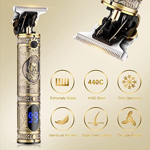 Dumite Hair Clippers for Men,Professional Cordless Barber Trimmer Set,Nose and Ear Hair Trimmer with Razor Replacement Head,USB Rechargeable Hair Cutting Grooming Kit-LED Display (Gold-1) - 4