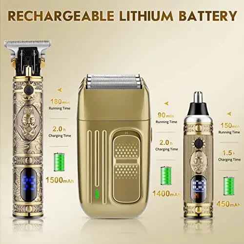 Dumite Hair Clippers for Men,Professional Cordless Barber Trimmer Set,Nose and Ear Hair Trimmer with Razor Replacement Head,USB Rechargeable Hair Cutting Grooming Kit-LED Display (Gold-1) - 5