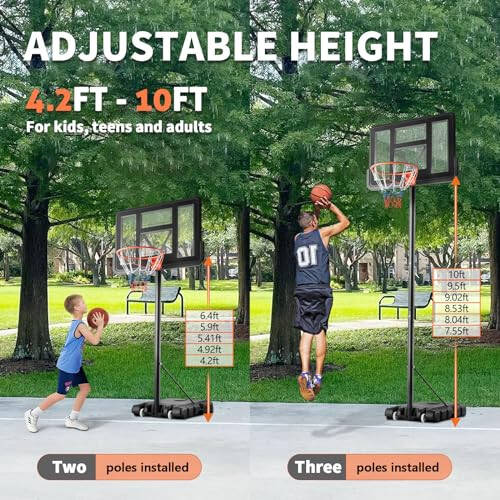 DUMOS 4.2-10ft Ayarlanabilir Yükseklikli Taşınabilir Basketbol Potası Açık Hava Çocuklar/Gençler/Yetişkinler İçin, 44 İnç Kırılmaz Gergi Levha Şok Emici Jantlı, Doldurulabilir Taban, Yüzme Havuzu/Kapalı Alan İçin 2 Tekerlek - 2