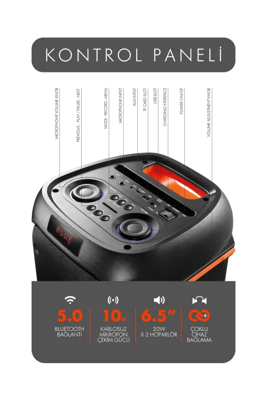 DUO XL Portable Karaoke Speaker with Microphone, 20x2W, Bluetooth, LED Lights, Sound Recording - 3