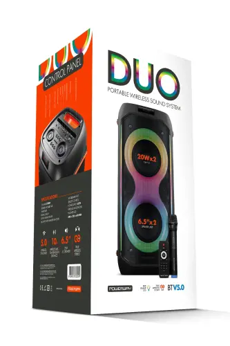 DUO XL Portable Karaoke Speaker with Microphone, 20x2W, Bluetooth, LED Lights, Sound Recording - 6