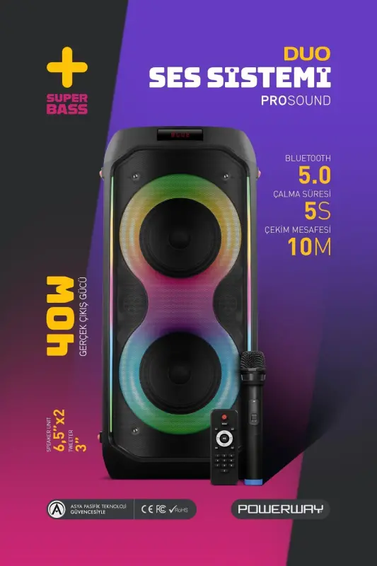 DUO XL Portable Karaoke Speaker with Microphone, 20x2W, Bluetooth, LED Lights, Sound Recording - 1