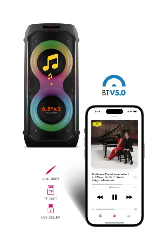 DUO XL Портативная караоке-колонка 20x2 Вт с микрофоном, записью звука и Bluetooth, светодиодная подсветка - 13