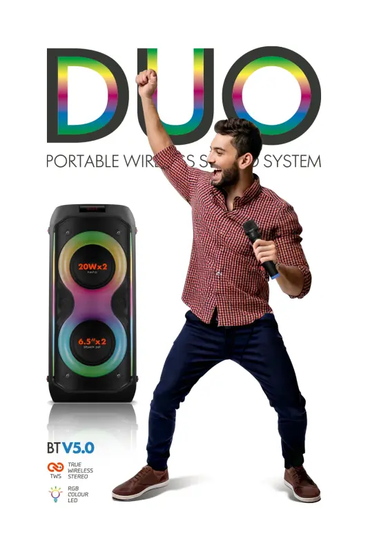 Duo Taşınabilir Mikrofonlu 20x2 W Karaoke Ses Kayıt Bluetooth Hoparlör Led Işıklı - Siyah - 5