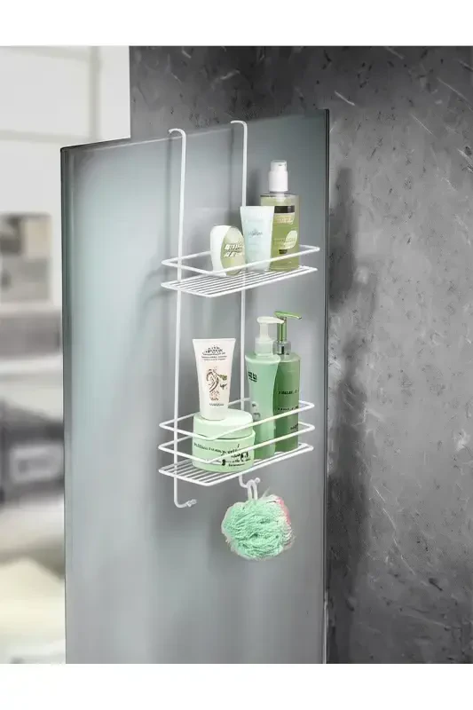 Durable Stainless Steel 2-Tier Hanging Shower Shelf Soap Dish, Shampoo Shower Cabin Hanger White-White - 1