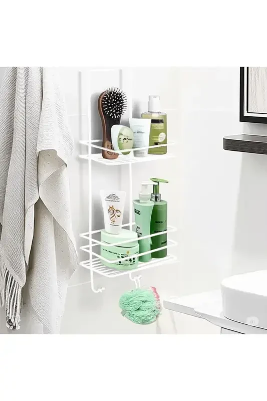 Durable Stainless Steel 2-Tier Hanging Shower Shelf Soap Dish, Shampoo Shower Cabin Hanger White-White - 2