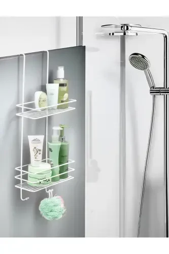 Durable Stainless Steel 2-Tier Hanging Shower Shelf Soap Dish, Shampoo Shower Cabin Hanger White-White - 4