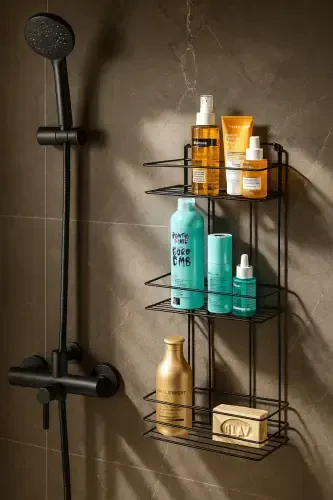 Durable Stainless Steel Black Adhesive Bathroom Shower Shelf - 3