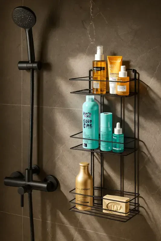 Durable Stainless Steel Black Adhesive Bathroom Shower Shelf - 3