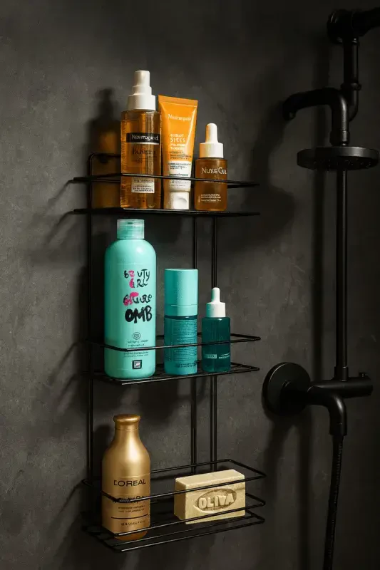 Durable Stainless Steel Black Adhesive Bathroom Shower Shelf - 6