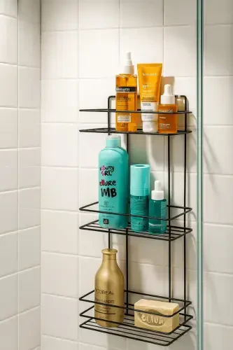 Durable Stainless Steel Black Adhesive Bathroom Shower Shelf - 7