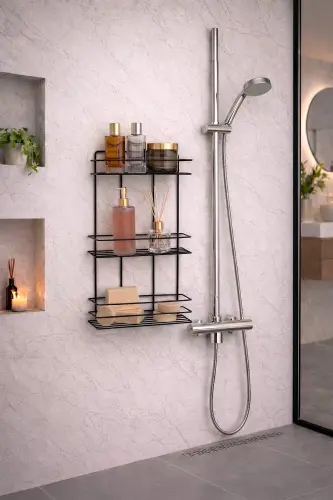Durable Stainless Steel Black Adhesive Bathroom Shower Shelf - 6